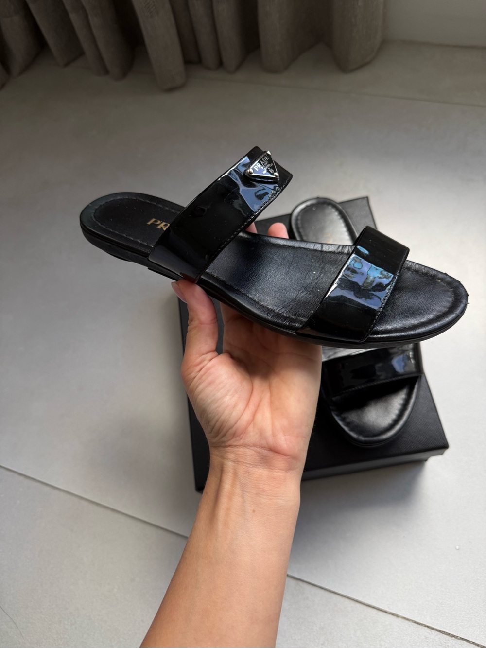 Prada Black Patent Leather Double-Strap Slide Sandals - Picture 6 of 8